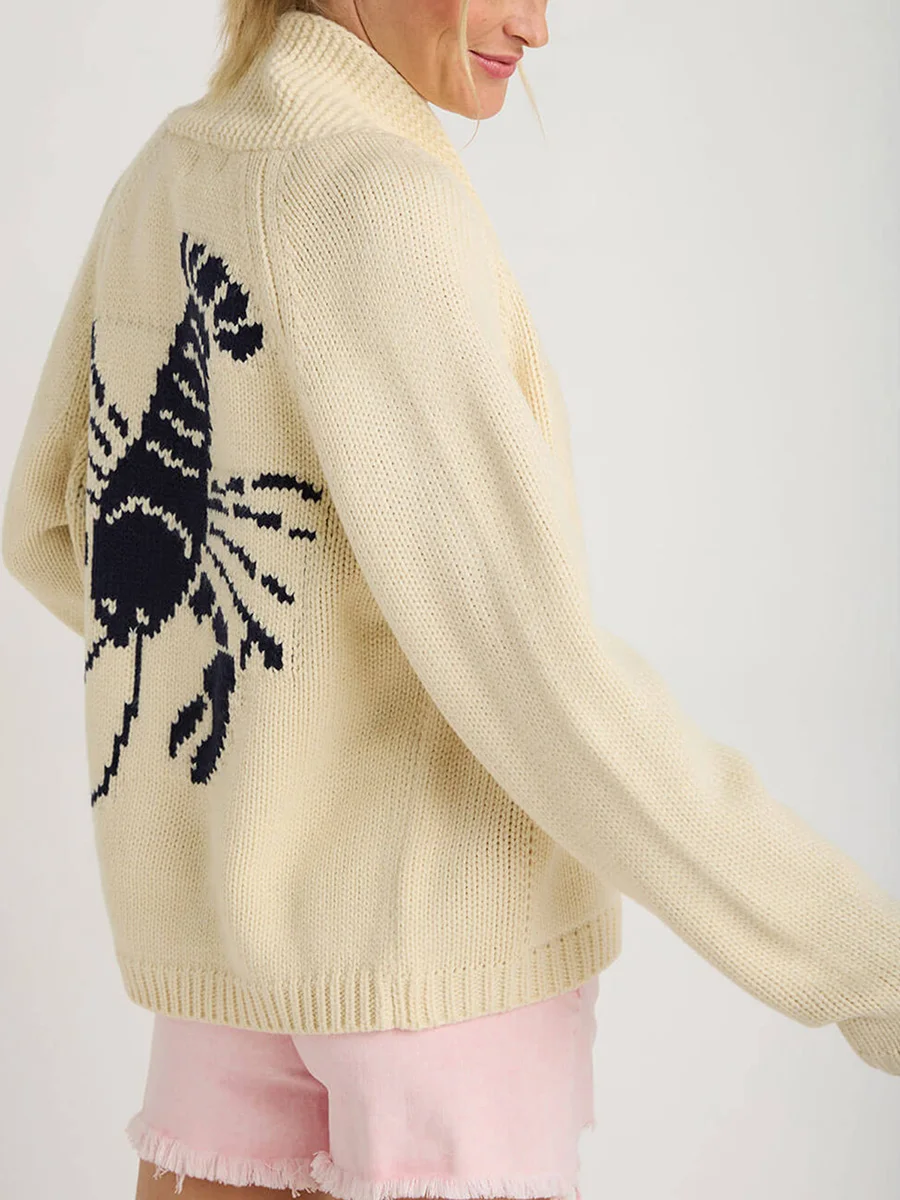 Women\'s Fall Sweater Cardigan Lobster Print Contrast Color Knitted Coat Female Casual Long Sleeve Open Front Knitwear Streetwear