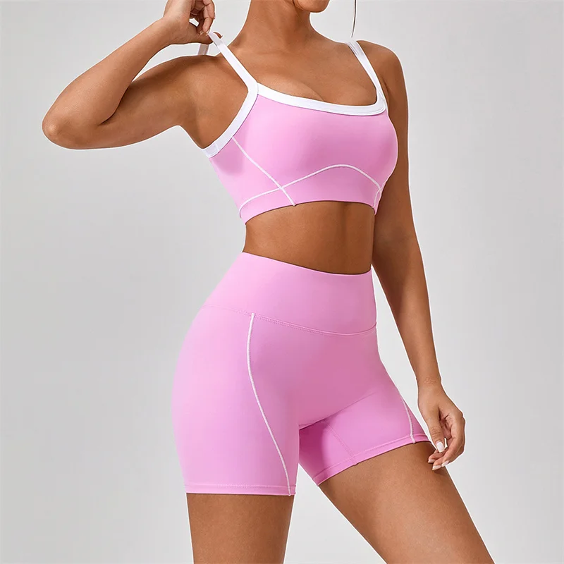 SVEIC Shorts Yoga Bra Sets Sportswear Contrasting Colors Nude Fitness High Waist Workout Leggings Cycling Gym Shorts Sports Suit