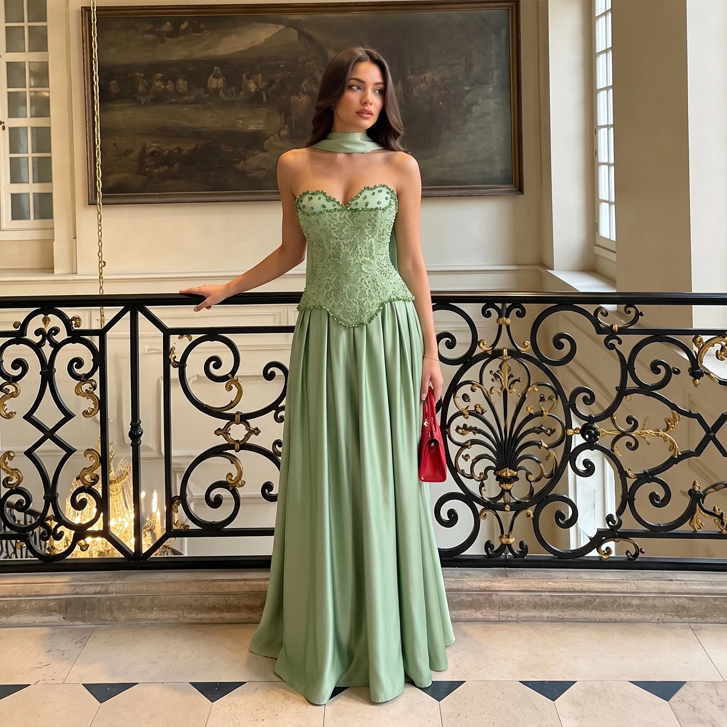 Radia May Vestidos de noche verdes sin tirantes con escote corazón y cuentas, con pañuelo, de satén, sin espalda, largos hasta el suelo, para fiesta formal ST002 Personalizable