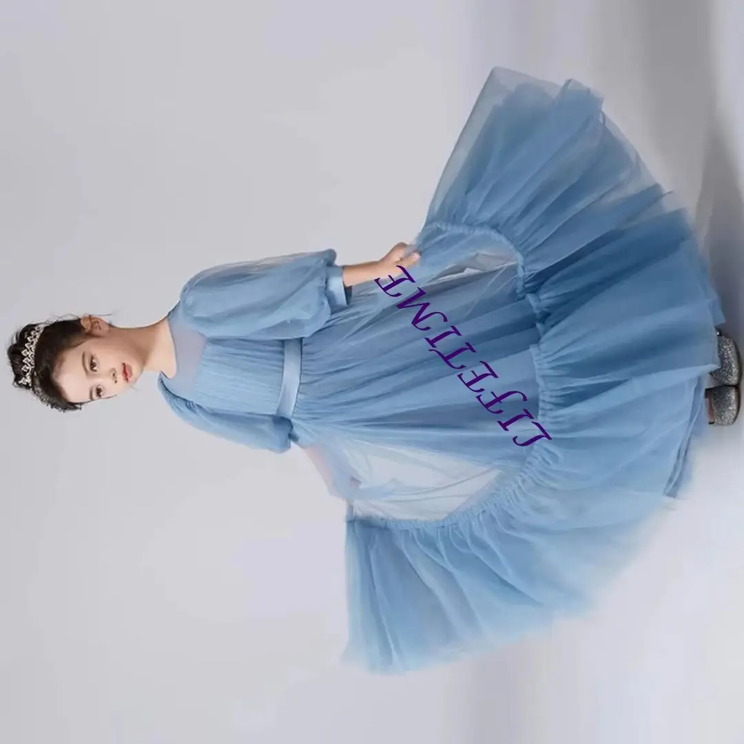 

Индивидуальный пошив: платье для девочки-цветочницы, сине-серое, из многослойного фатина, с бантом на поясе, с рукавом до локтя, для свадьбы, дня рождения, банкета, причастия