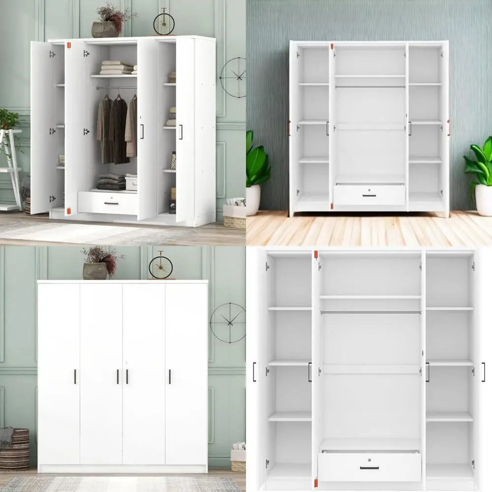 Freestanding 4-Door Wardrobe with Drawers, Shelves, Hanging Rail - Modern Closet Storage Cabinet for Clothes