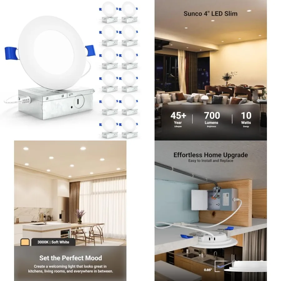 

Sunco 12 Pack LED Recessed Lights, Slim Canless Ceilg Lightg, 50 LM, 10W 0W Equivalent,3000K Warm White, Dimmable, Wafer Th, Ul