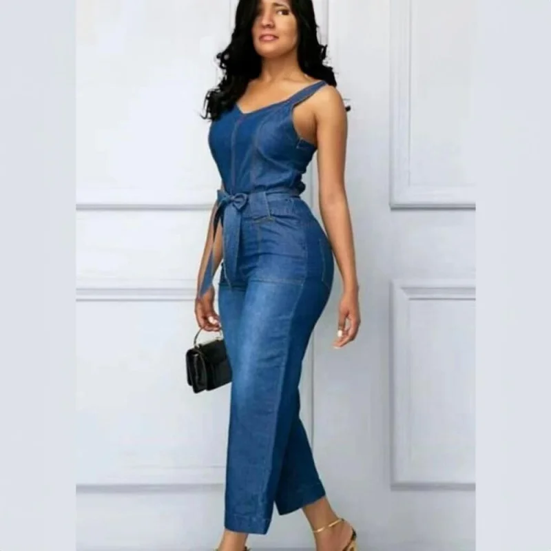

African Women'S Strap Jumpsuit Washed Stretch Belted Direct Sale