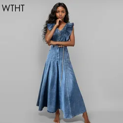 WTHT New Trendy Women's V-neck Ruffled Edge Sleeveless Denim Dress 2024 Autumn Chain Belt Single Breasted Dresses Female 1LS126