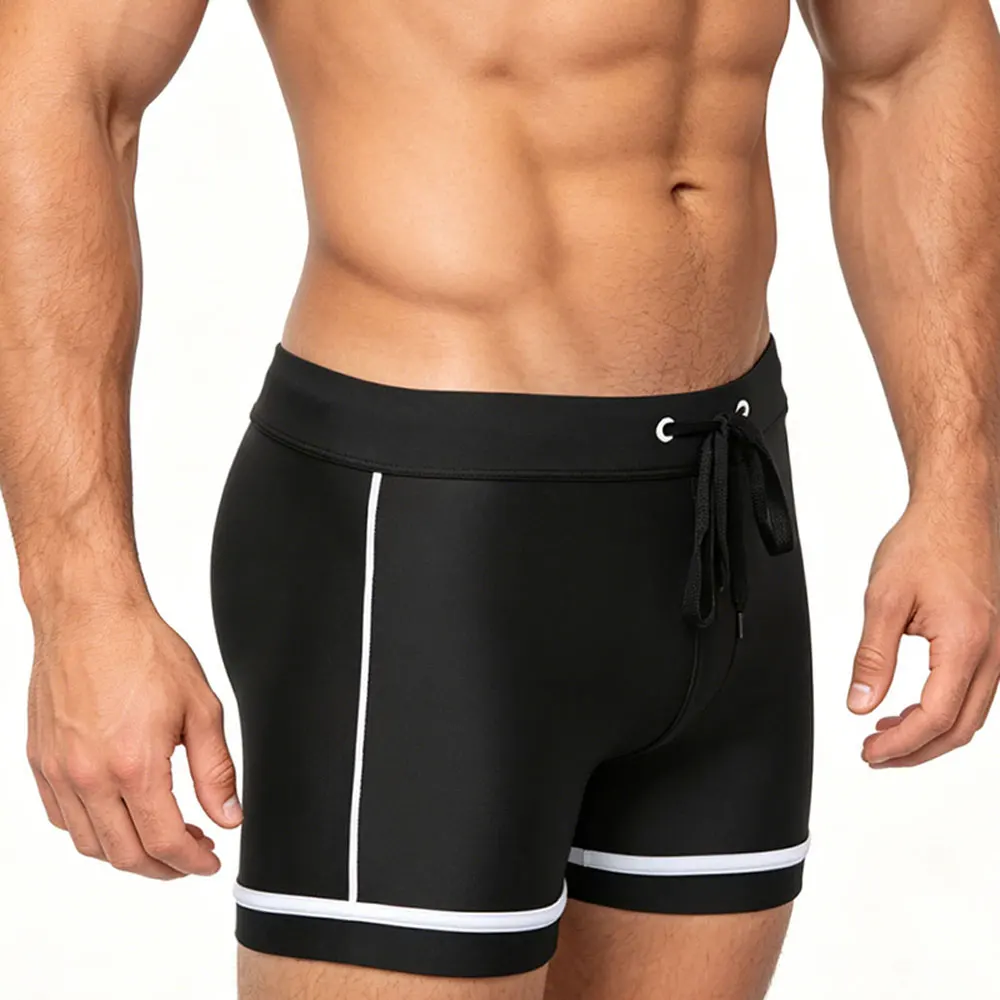 Mens Stylish Boxer Swim Shorts Sexy 3D Pouch Design Solid Contrast Trim Elastic Waist Quick Dry Swim Trunks For Men