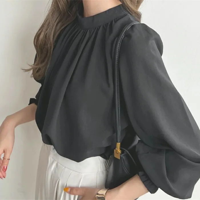 Spring Autumn Quick Dry Anti-Wrinkle High Collar Bubble Sleeve Chiffon Shirt Women's Fashion Versatile Long Sleeve Polyester ...