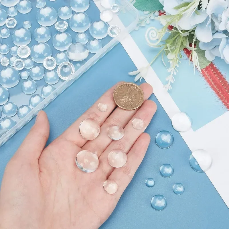 150pcs Transparent Glass Cabochons 7 Sizes Glass Dome Cabochons Clear Glass Pebbles Non-calibrated Round for Necklace Bracelets