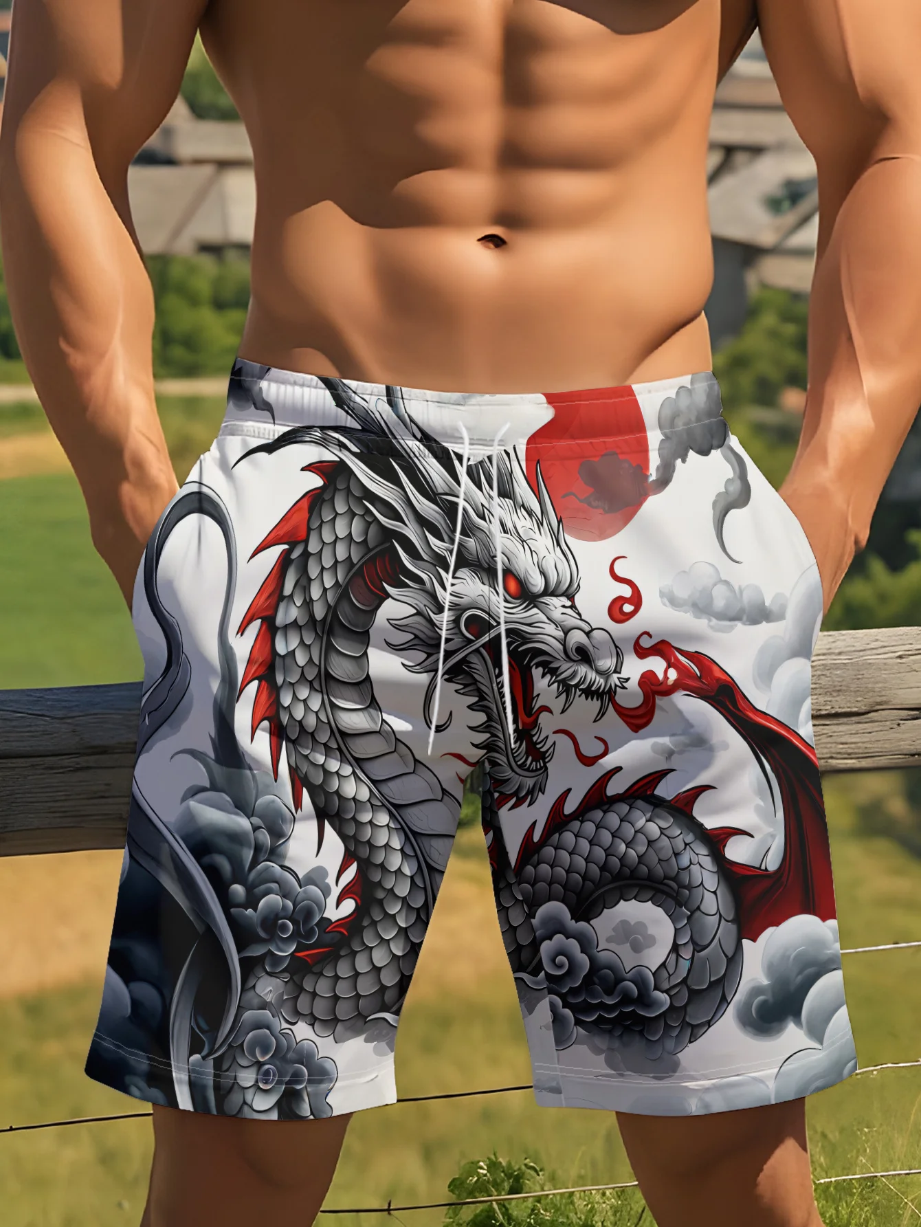 

2026 Cool Fashion Trendy 3D Men's Summer Gothic Mighty Dragon Pattern Outdoor Street Wear Pattern Casual Shorts Large