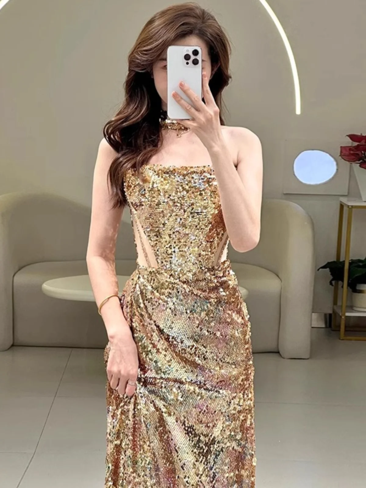 

Golden Evening Gown Women's High-End Sensation Student Day Adult Ceremony Art Exam Performance Host Elegance Morning Robe Bri...