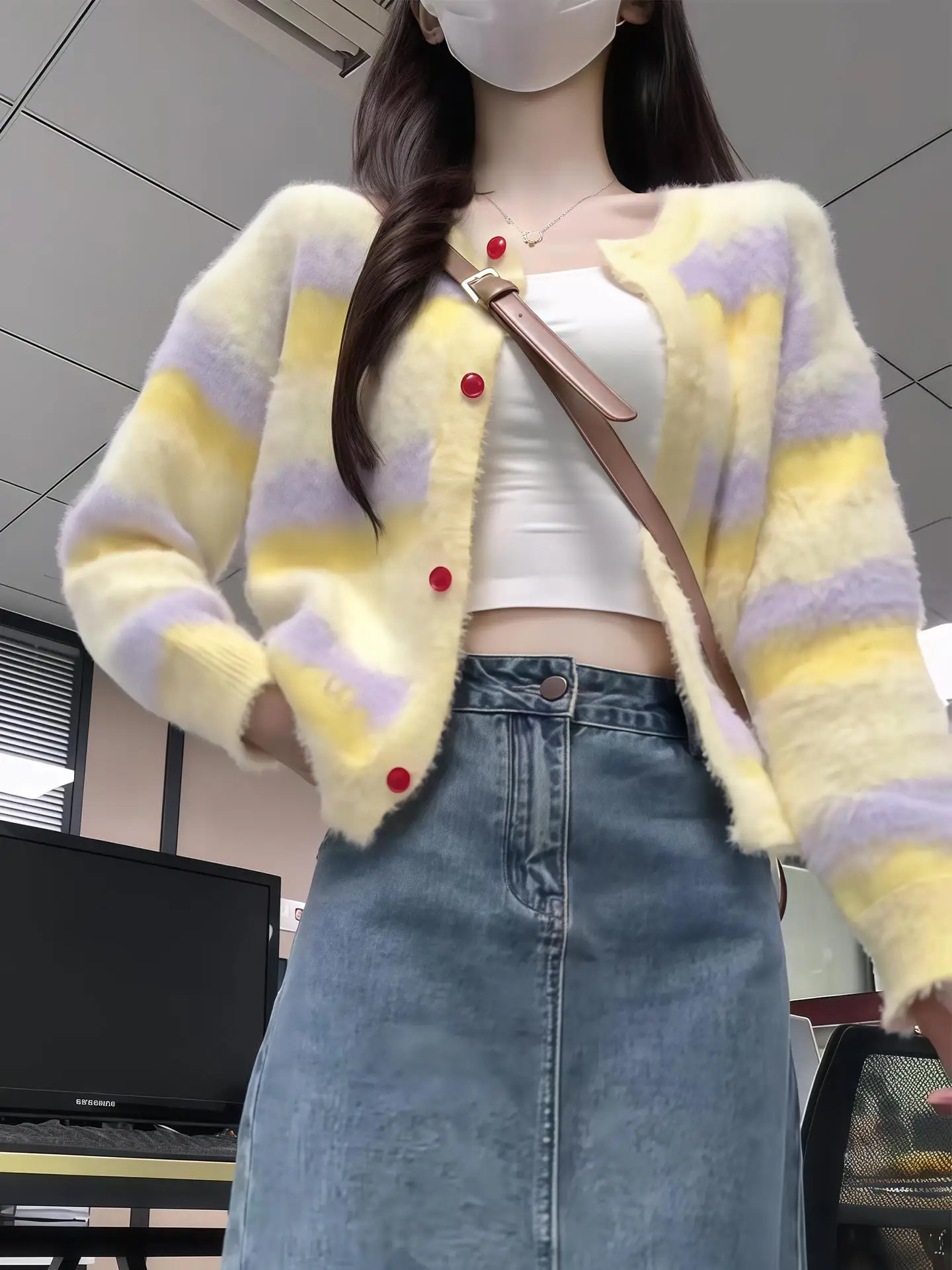 

Retro Japanese Sle Color Blo Striped Mink Knit Sweater Coat Women's Soft Sweet Camere Long Sve Button up Knitted Out...