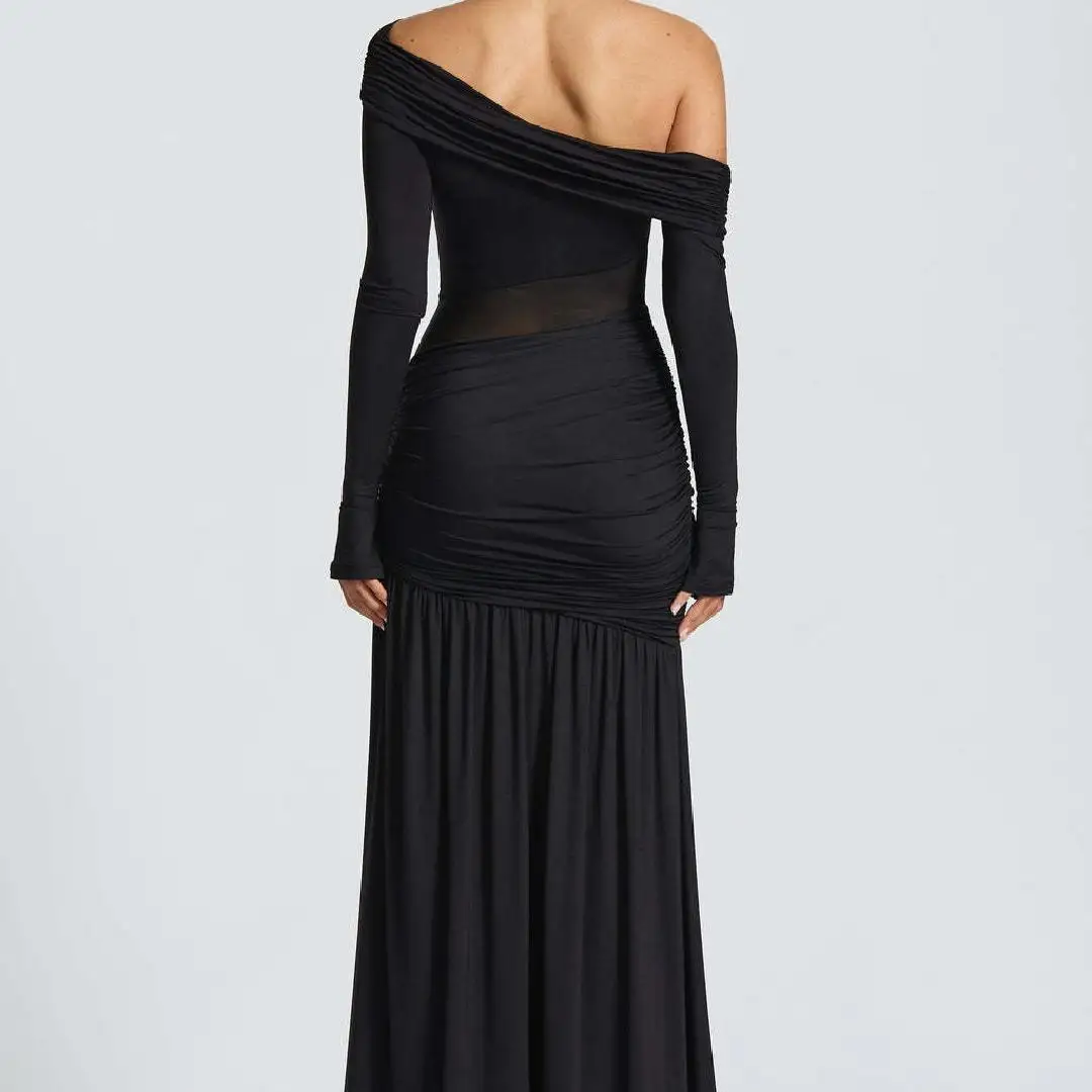 2025 г., женское сексуальное длинное платье из сетки на одно плечо со сложенной талией и открытыми плечами