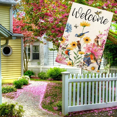 Spring House Flag Floral Bird Butterfly Flowers Welcome Spring Summer Flag 28 X 711181090062 RRI