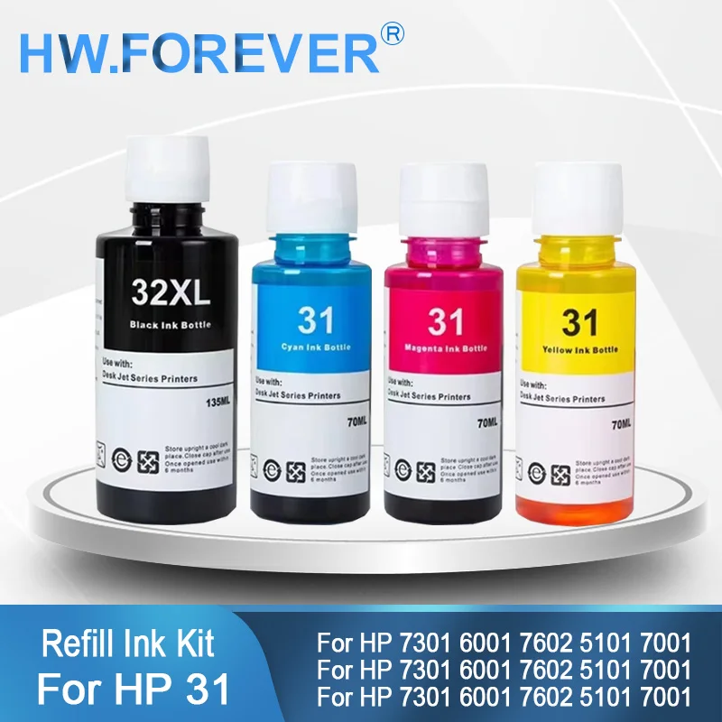 31 32XL Refill Dye Ink For HP 455 457 450 7301 6001 7602 5101 7001 551 651 Printers Smart Tank 670 675 720 725 750 Refill Inks