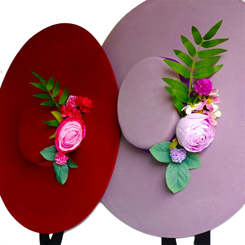 Wool Hat Simulation Flower Detachable Flat Top Formal Red Women Fedora Stage Performance Felt Hat Winter Bandage Lady Fashion