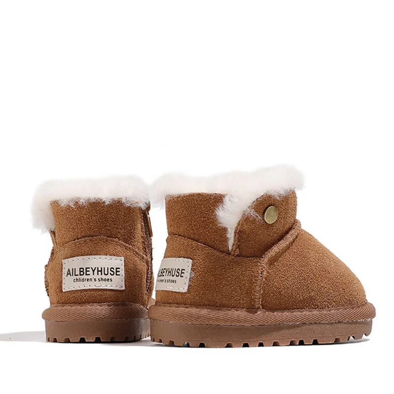 2024 New Winter Baby Snow Boots Leather Warm Plush Infant Shoes Soft Sole Fashion Toddler Boys Girls Boots 16-25