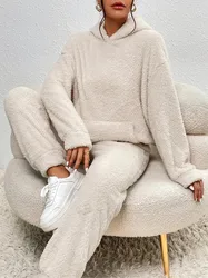 Autumn Winter Fashion Women Casual Hooded Sweatshirt Leg Pants 2 Piece Set Warm Furry Plush Trousers Suit Female Outfit