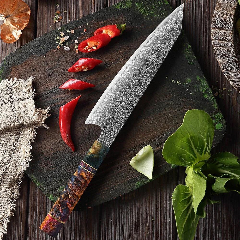 

Professional Chef Knife Japanese Damascus Steel 8 Inch Kiritssuke Knife Sharp Kitchen Knife Octagonal Stabilized Wood Handle