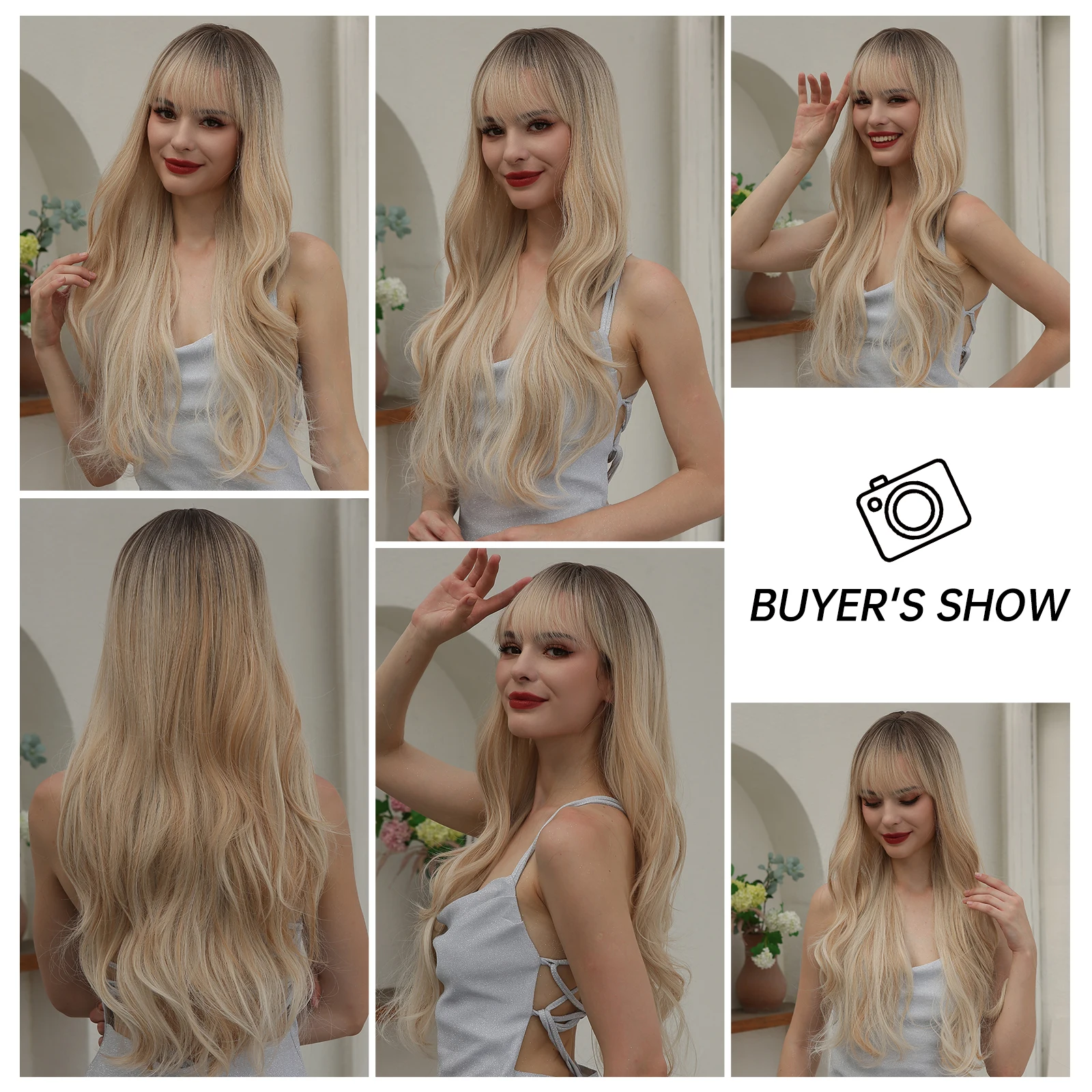 Blond Ombre Syntetyczne Włosy Peruki Długie Body Faliste Peruka Cosplay z Grzywką Party Lolita Świąteczne Sztuczne Włosy Dla Kobiet Odporne Na Ciepło