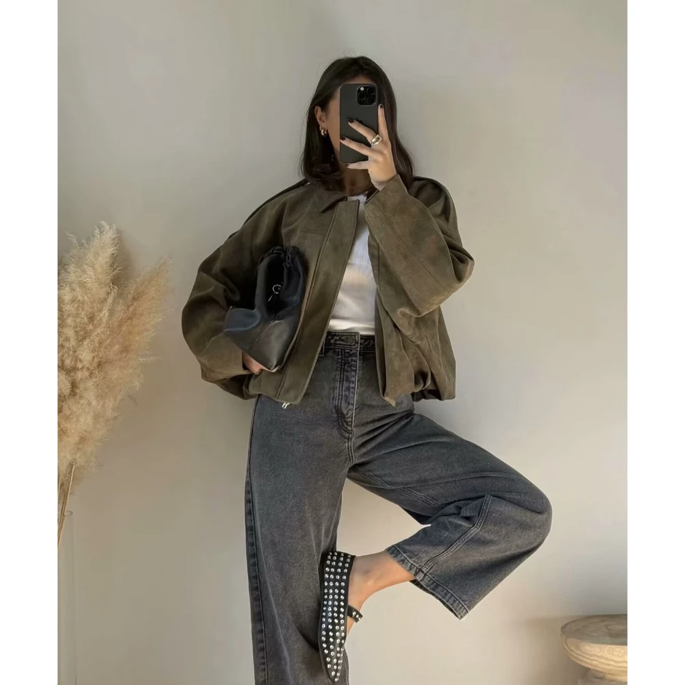 Women's Bomber Jacket Lapel Long Sleeve Zipper Suede Women High Street Cropped Racing Jackets Coats Outerwears loose suede textu