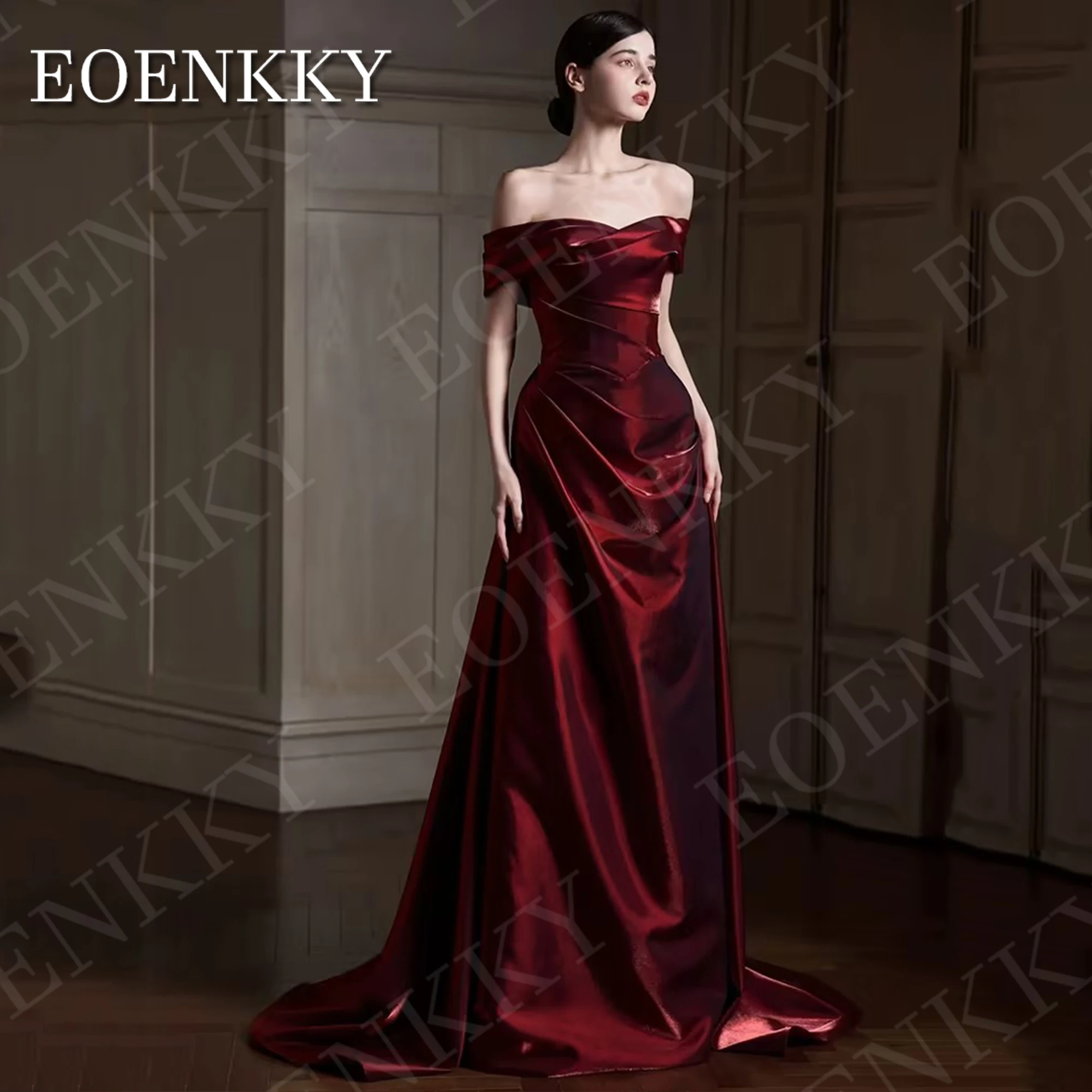 EOENKKY Burgundy Simple A Line Evening Dress Long Customized Satin Pleats Off Shoulder Prom Dresses with Detachable Train Woman