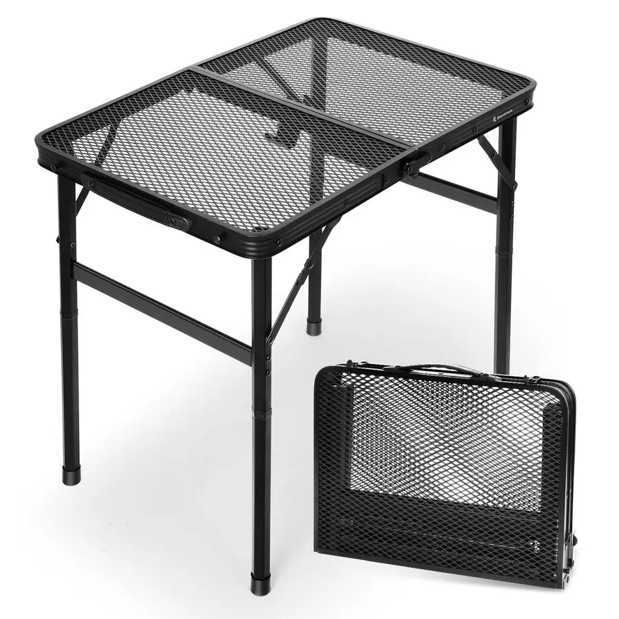 

Small Folding Table with Carry Handle, Adjustable Height 10.622 in, Black Metal Mesh, Portable amp Compact Indoor Apartment Card