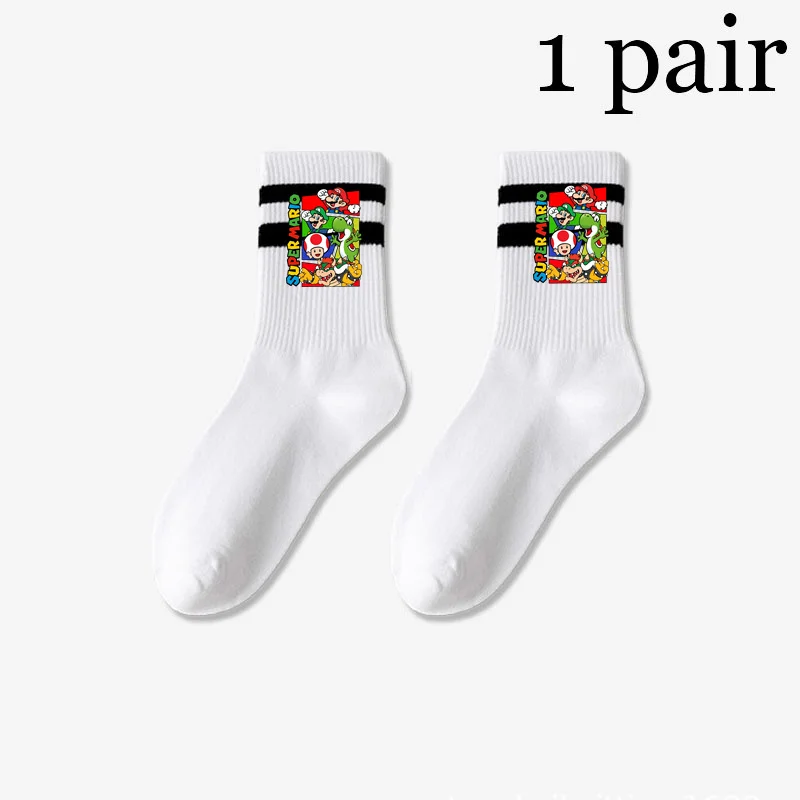 Super Mario Bros Women's Socks Spring Autumn Simple Casual Black White Striped Socks Anime Mid Tube Socks Female Mid Tube Sock