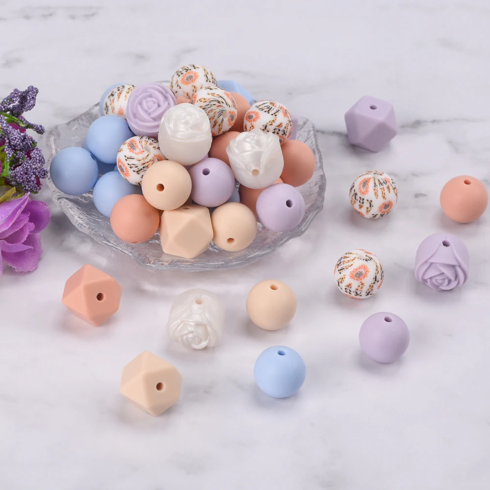 LOFCA 66Pcs Silicone Beads 15mm Printed Round Flower Beads For Jewelry Making DIY Necklace Bracelet Accessorie
