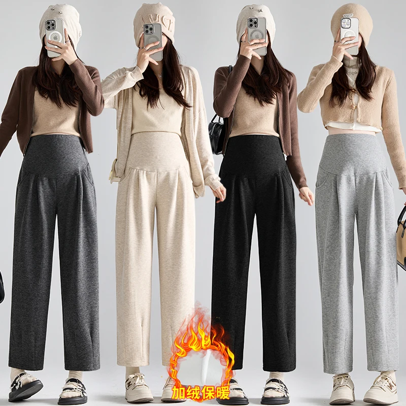 جديد النساء الحوامل البطن واسعة الساق السراويل الشتاء سميكة الدفء مستقيم ملابس أمومة الراحة سراويل تقليدية 4 ألوان