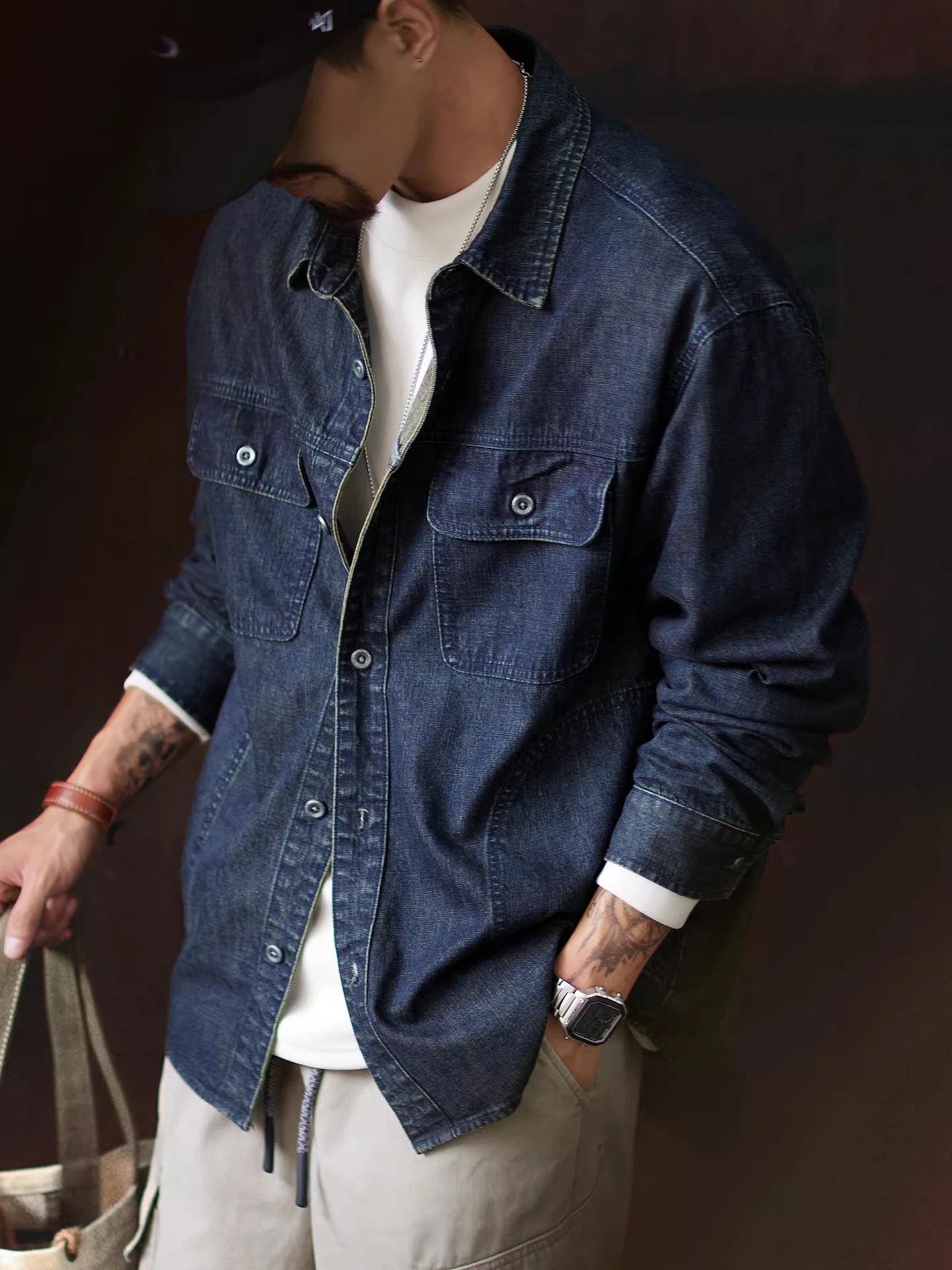 

Loose Fit Long Sve Bamboo Denim irt Men's Spring Autumn Casual Sle Breathable Outerwear Classic American Workwear