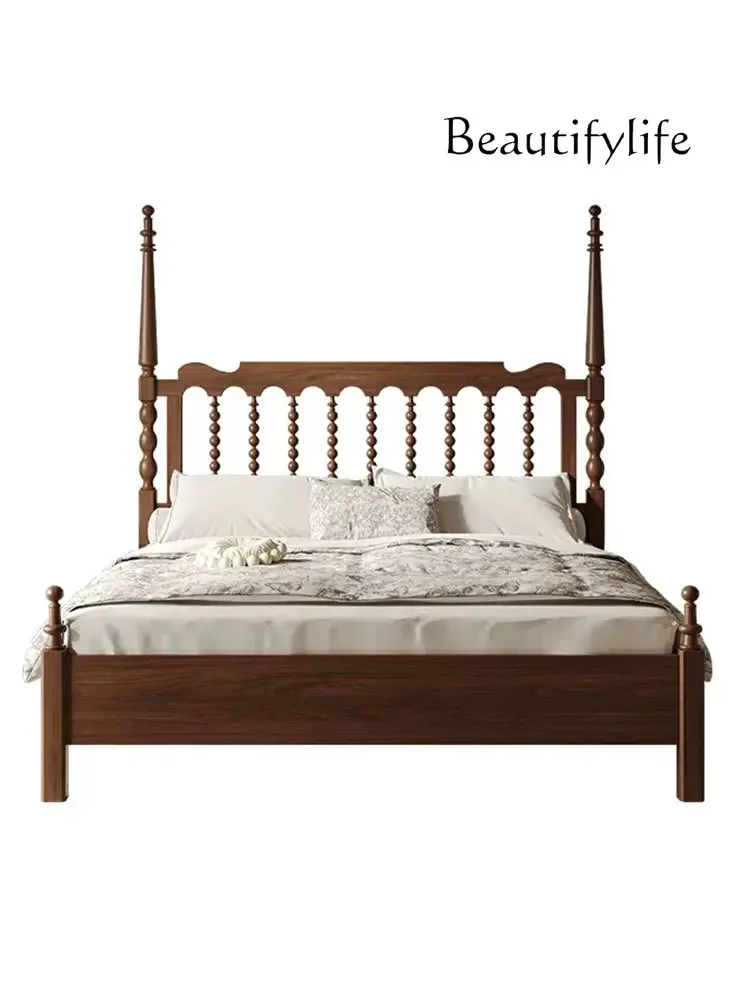 

American medieval solid wood Windsor bed master bedroom Roman column carved bed