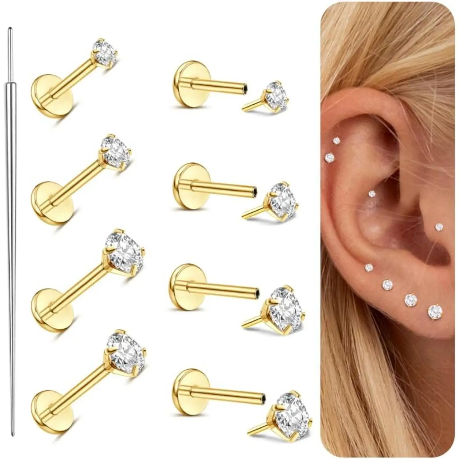 8 Uds G23 pendientes de titanio con parte posterior plana tachuelas 14K chapado en oro nariz Labret tachuelas labio anillo Push in Helix Tragus Piercing joyería