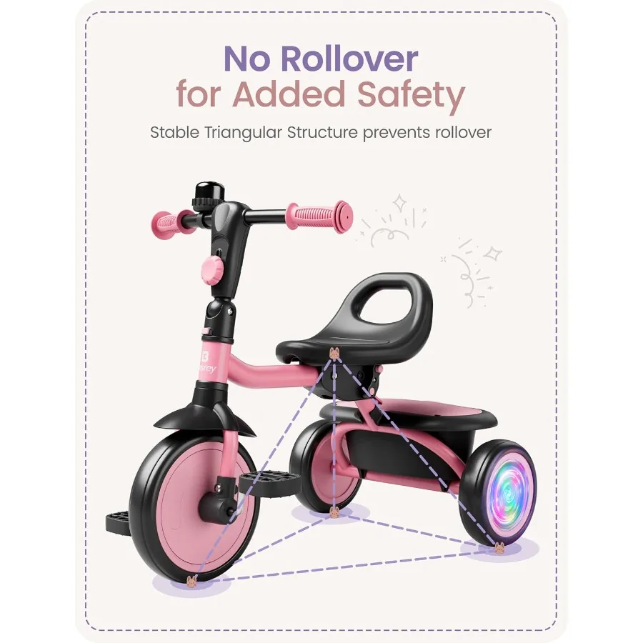 دراجة ثلاثية العجلات للأطفال بإضاءة ملونة للأعمار من 18 شهرًا إلى 5 سنوات، دراجة للأطفال الصغار مع جرس، دراجة ثلاثية العجلات للأطفال، هدية للأطفال من سن 2 إلى 5 سنوات، #5