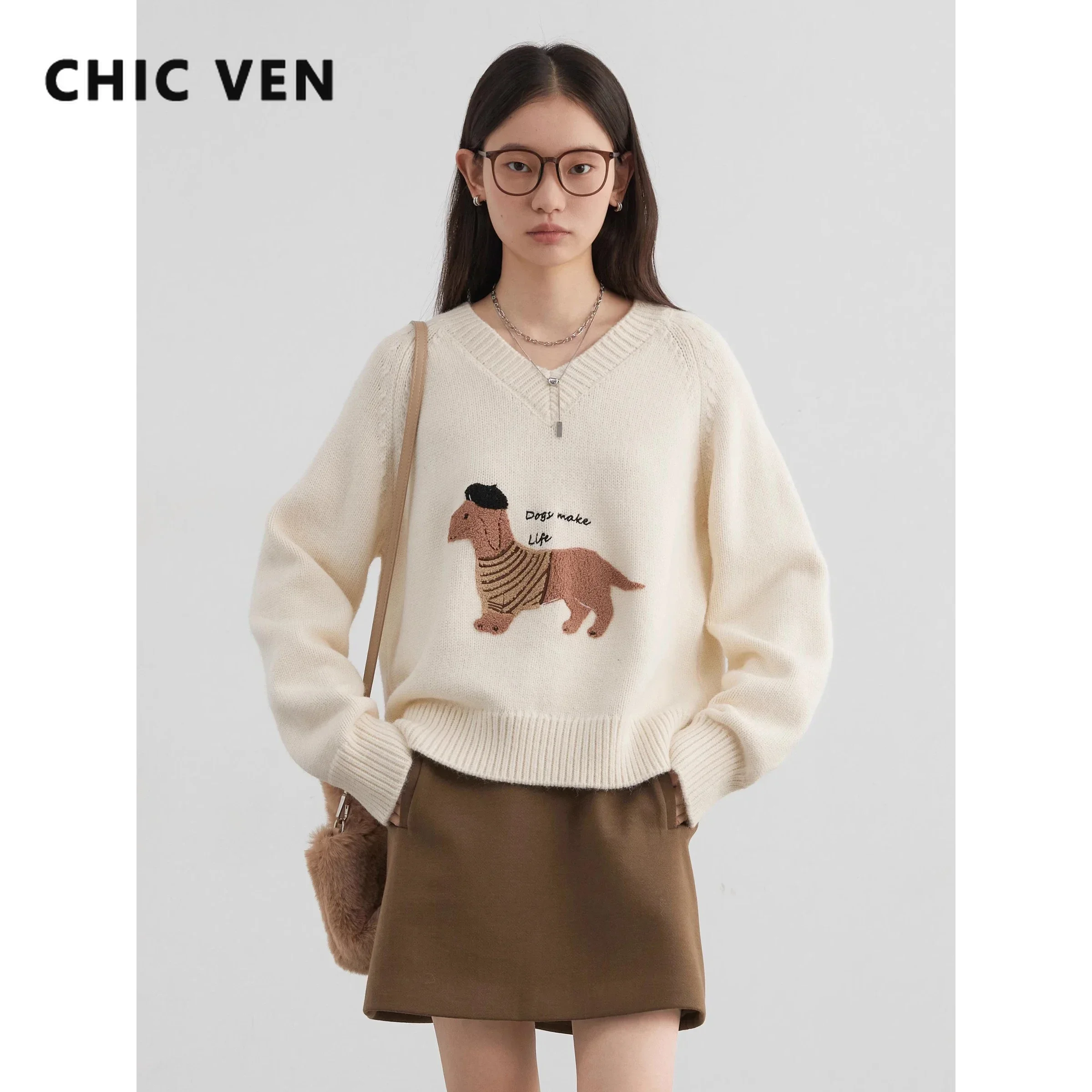 CHIC VEN Women Sweaters Loose New V-neck Embroidered Dog Knit Jumpers Raglan Sleeves Female Pullovers Autumn Winter 2024