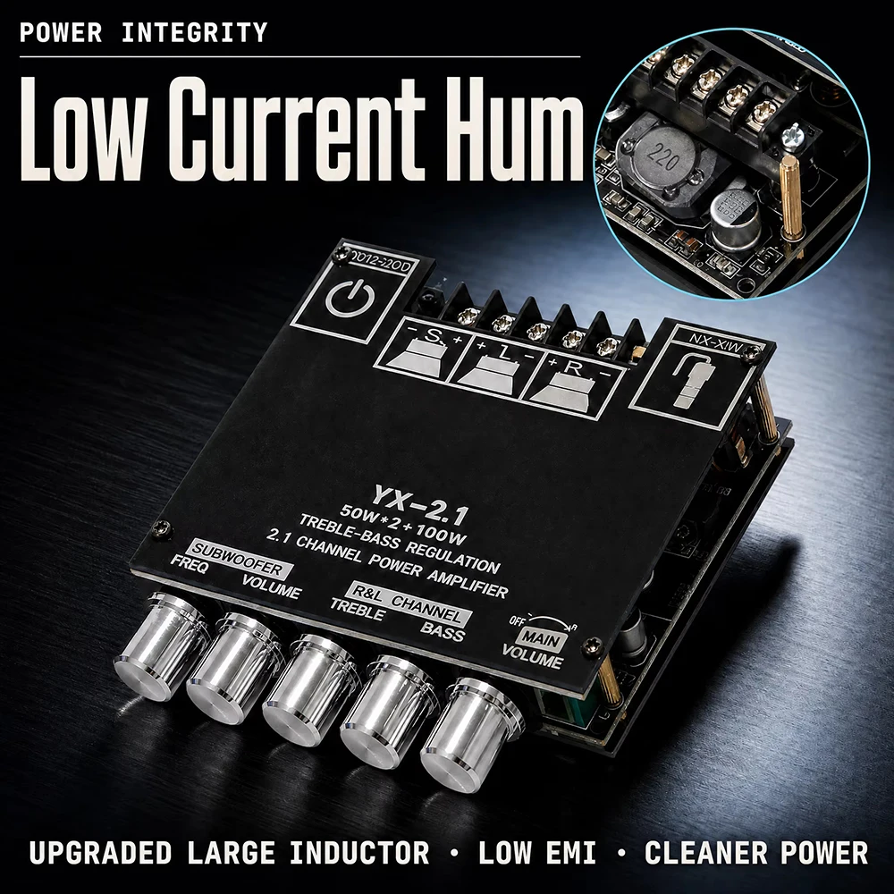 2.1 Channel Amplifier Board 50W x 2 + 100W Subwoofer, Bluetooth 5.1 HiFi Amplifier, DC 12-24V, Treble Bass Control, AUX Input