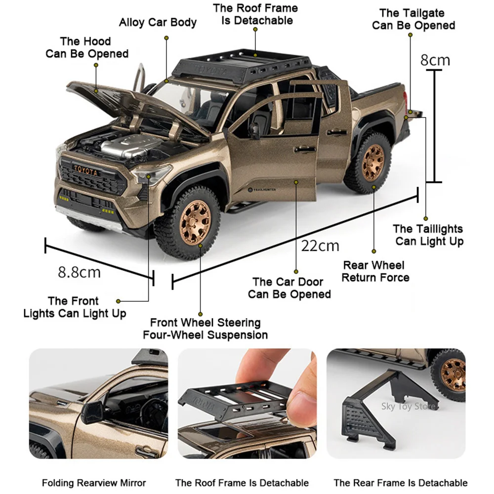 Takoma Prado – modèle Miniature de jouet en alliage moulé sous pression, roue avant de voiture, son de direction, lumière, porte arrière ouverte, Collection de véhicules, 1:24