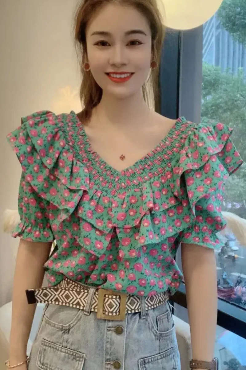 

Summer New Sle Pleated V-ne Splice Gingham Lace Floral ort Sve Women's irt Korean Sle Commute Straight Cut