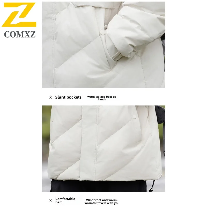COMXZ Premium Men Down Jacket Casual Hooded Outdoor Adventure Warm Parka Solid Color Travel Windproof Lightweight Winter Coat