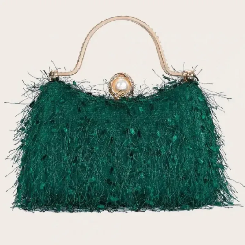 Bolso de mano con borla de memoria para fiesta de noche, bolso de mano de nailon de lujo para boda, bolso de hombro de plumas para mujer, bolso cruzado verde