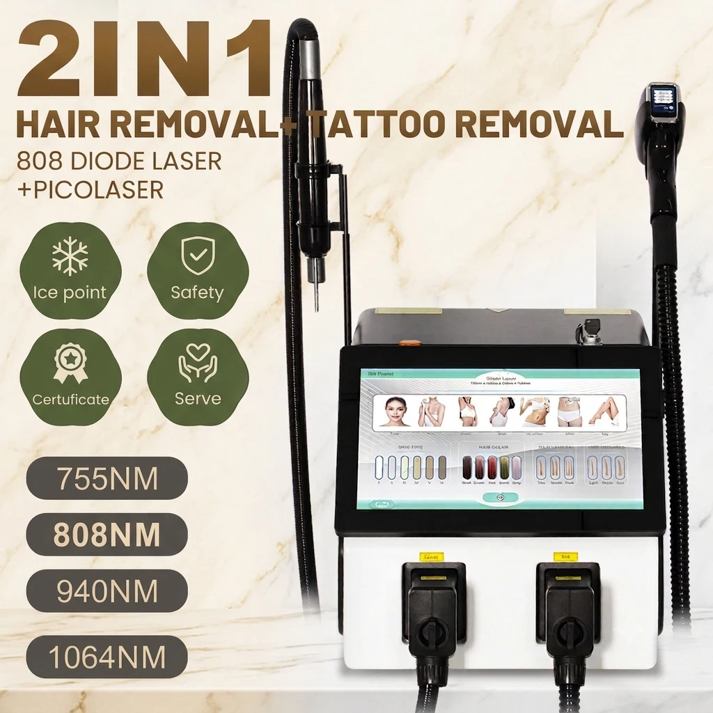 2 In 1 10 Bars Diode Beauty Device, 4 Wavelength Ice Cooling System, Hair Reduction Tattoo & Pigment Removal Salon Machine
