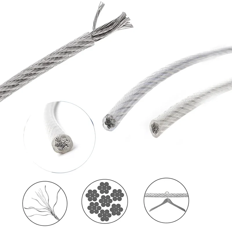 5/10m 304 Stainlesss Steel Wire Rope PVC 0.6mm-3mm with clear Plastic Coating Cable suitable For soft laundry lifting cable