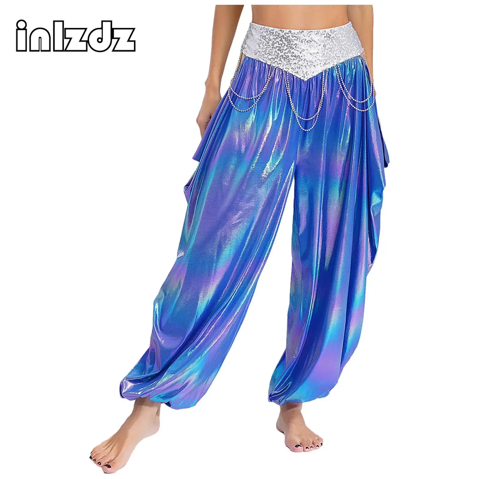 

Women Belly Dance Metallic Pants Sparkling Sequins Waistband Rhinestone Chains Cutout Loose Bloomers Stage Performance Costume