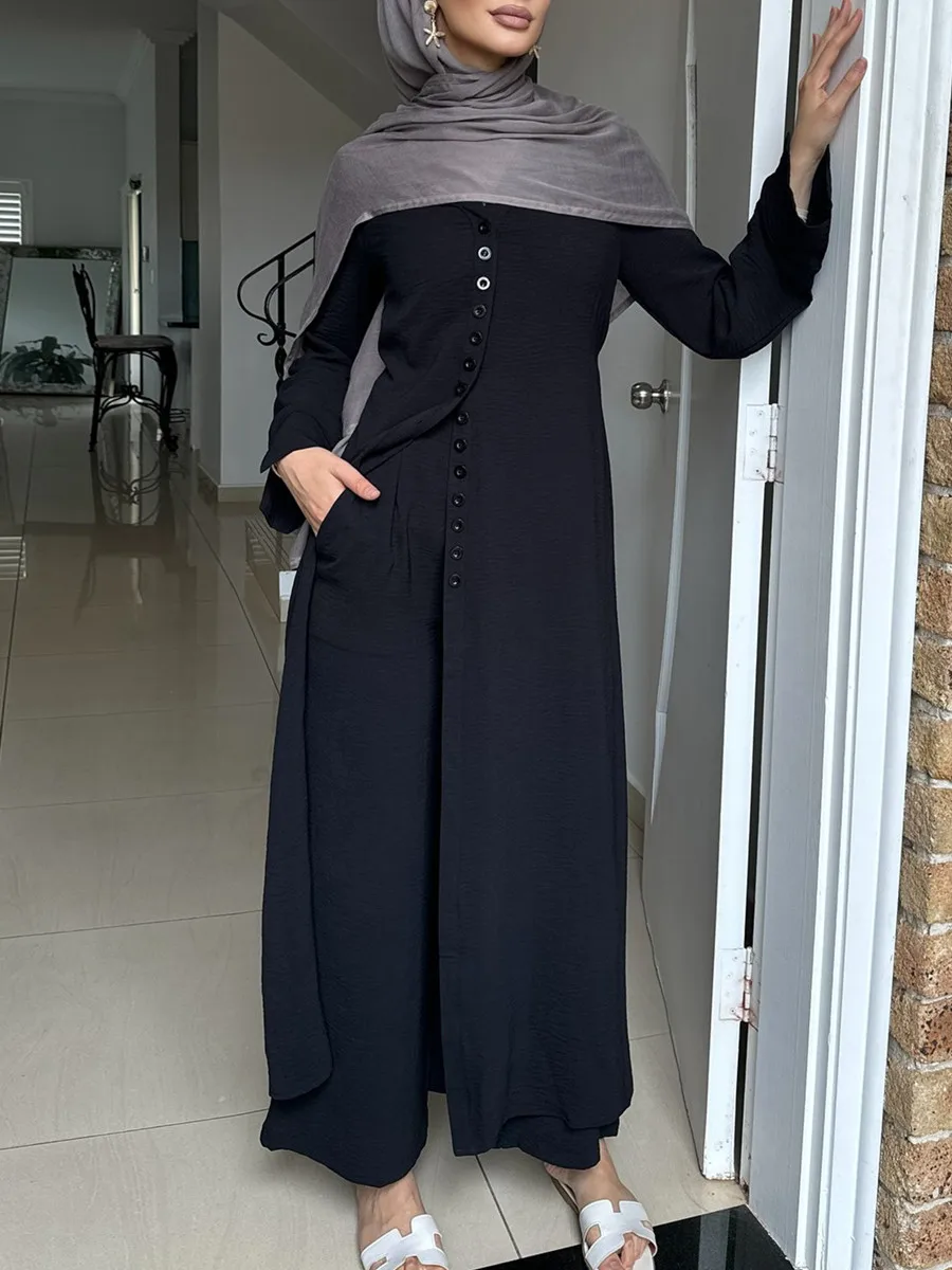 عبايات إسلامية دبي تركية للنساء بلون سادة فساتين طويلة بإبزيم مكون من قطعتين طقم ملابس نسائية متواضعة لرمضان