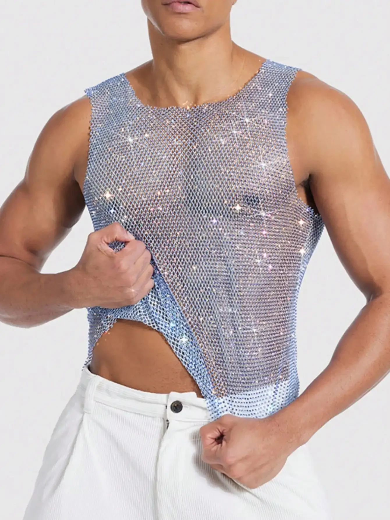 

Мужская синяя эластичная сетчатая майка с стразами