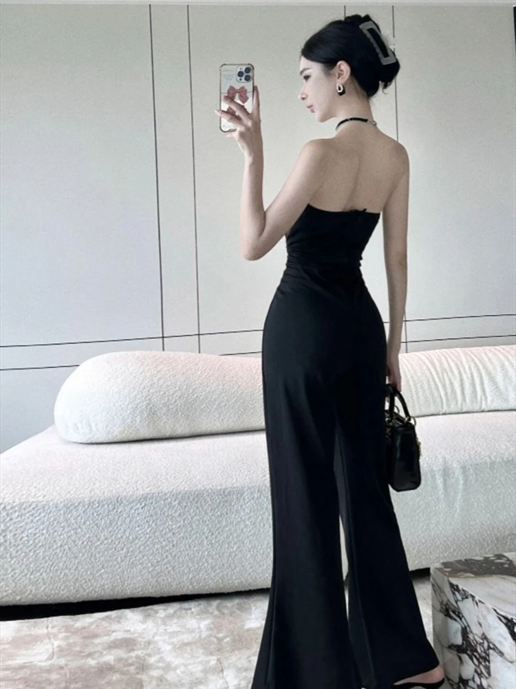 Women Elegant Chic Sleeveless Backless Jumpsuit Woman Solid Color Slim Wide Leg Jumpsuit