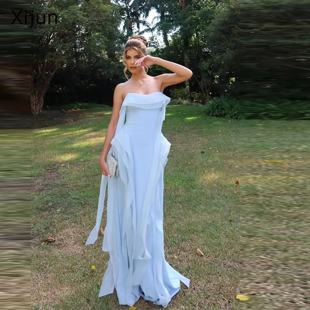 

Xijun Elegant Blue Chiffon Evening Dresses Ruffles Sleeveless Long Prom Dresses A-Line Formal Prom Gowns CustomizedCustomized