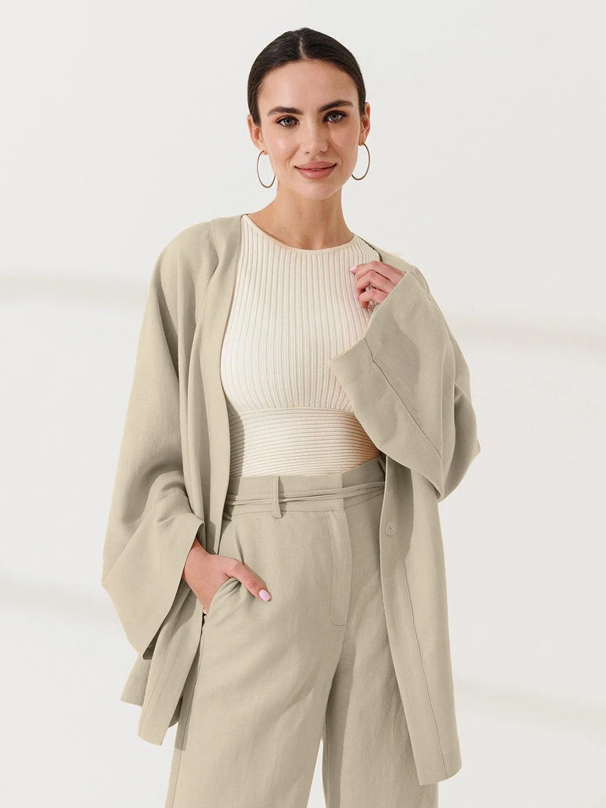 Marthaqiqi Cotton Women Sleepwear Set Sexy V-Neck Pajamas Long Sleeve Robe Lace Up Nightgowns Pants Casual Ladies Nightwear Suit