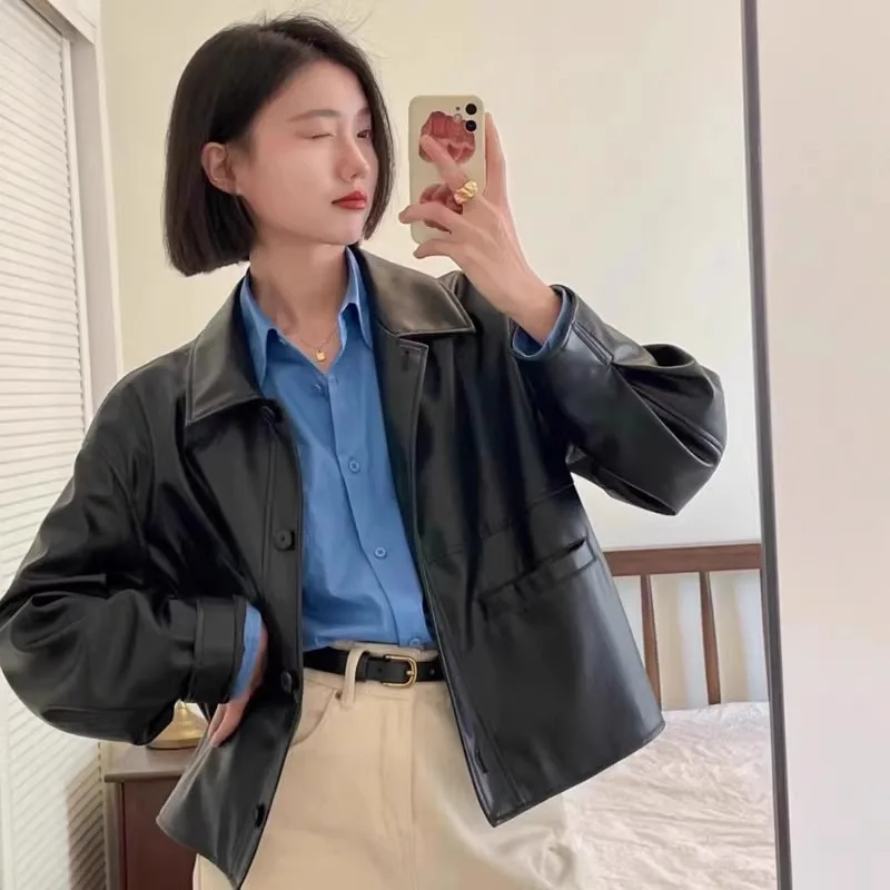 Frühling Herbst Dünne Stil Vintage Revers Einreiher Leder Jacke Frauen Trendy Langarm Verstärktes Große Taschen frauen Mantel