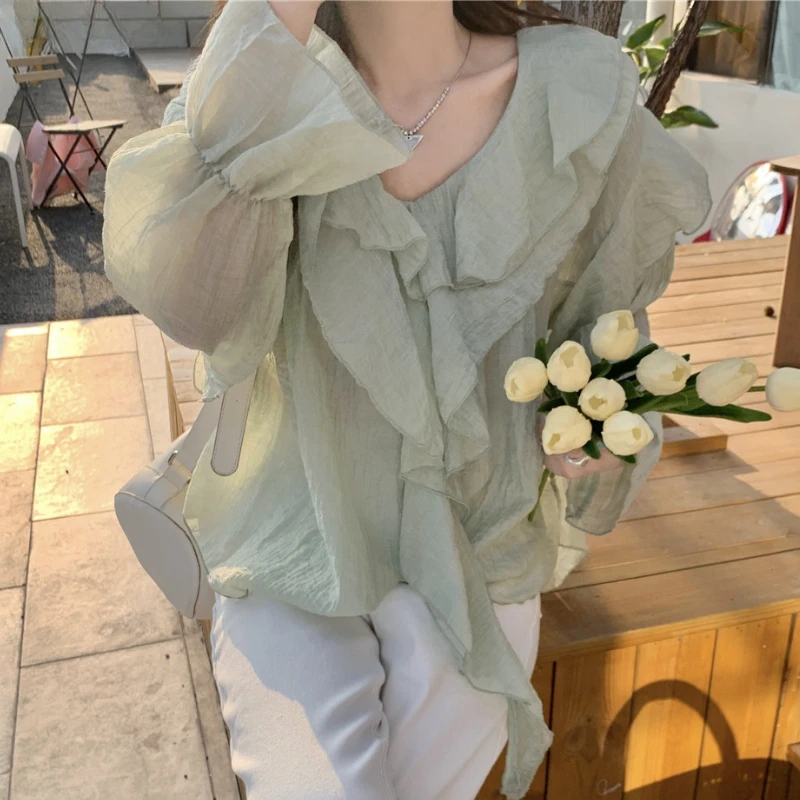 Women Casual Blouses Summer Ruffles Loose Korean Style Sunscreen Temper Daily All-match Simple Faddish Transparent Blusas Mujer