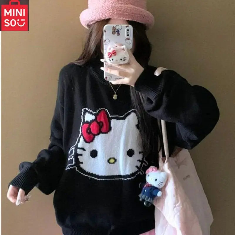 

MINISO Hello Kitty жаккардовый теплый свитер с капюшоном и круглым вырезом, женский свободный и утягивающий вязаный свитер
