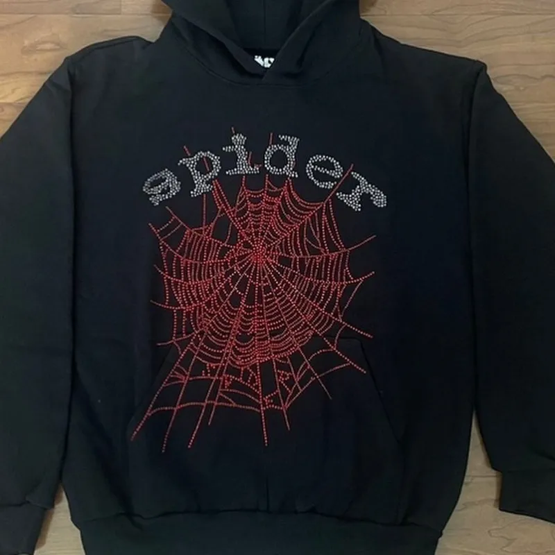 Y2K Spider Print Men Zipper Hoodie Gothic Letter graphic Rhinestone punk clothes Teen Oversized Sweatshirts zip up Streetwear